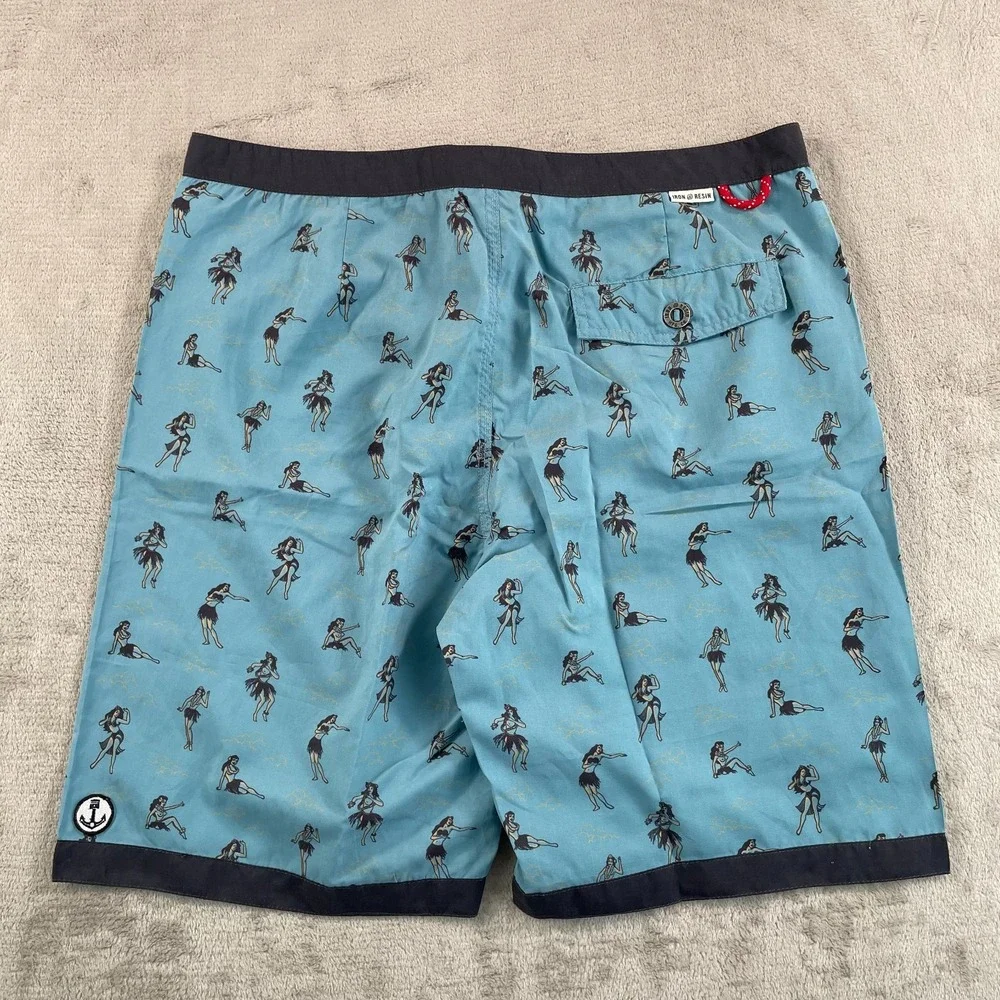 Iron & Resin Board Shorts Men 34x9 Sea‎ Blue Hula Girls Hawaiian Beach NWOT $75